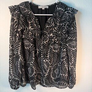 LOFT Black Tie Neck‎ Ruffle Front Textured Material Blouse Size Large